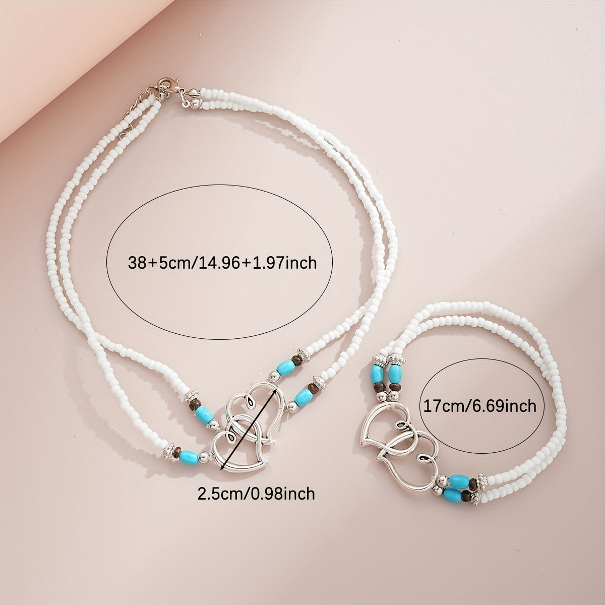 Double Layer Beaded Heart Charm Necklace and Bracelet Set