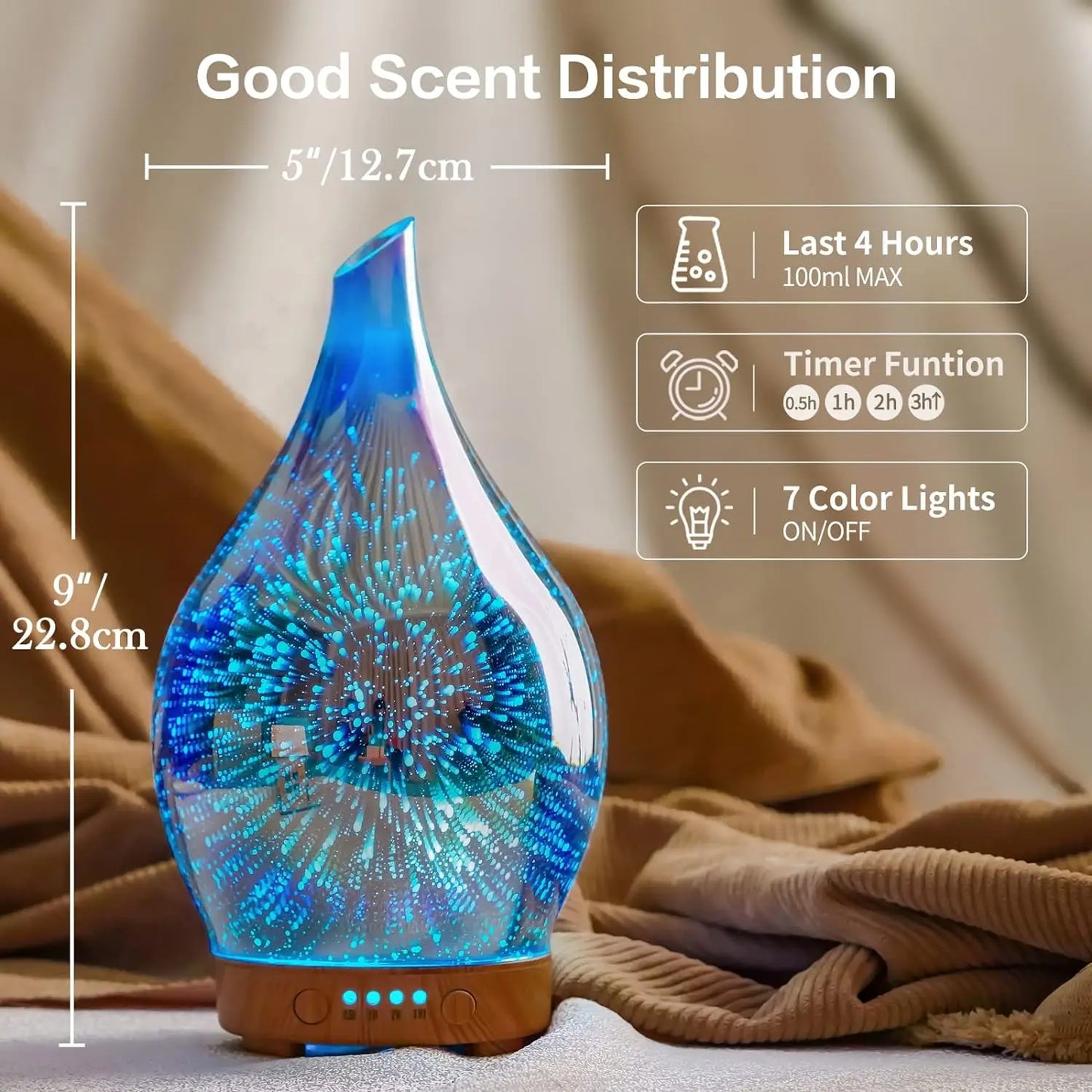 Porseme Oil Diffuser 3D Glass Aromatherapy Ultrasonic Humidifier,