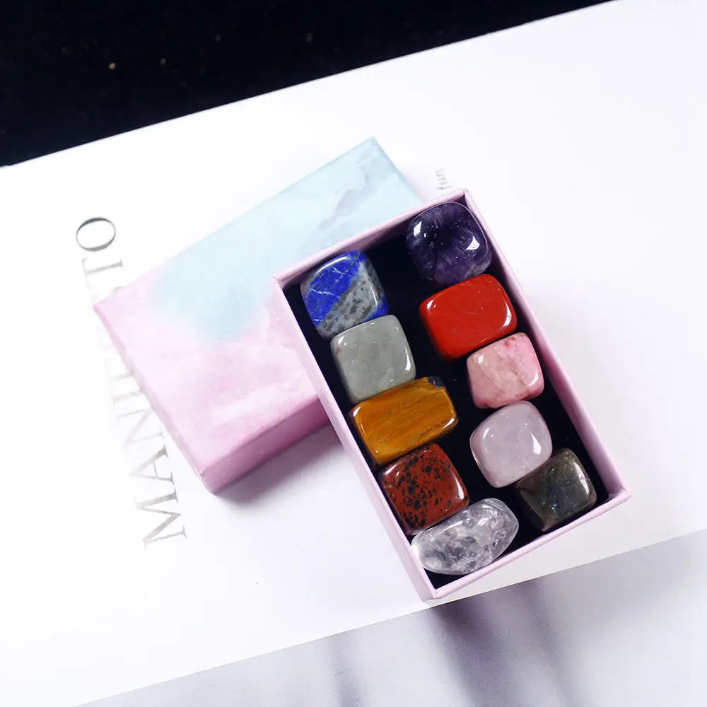 10Pcs Natural Chakra Healing Crystal Polished Stone Set W/Gift Box