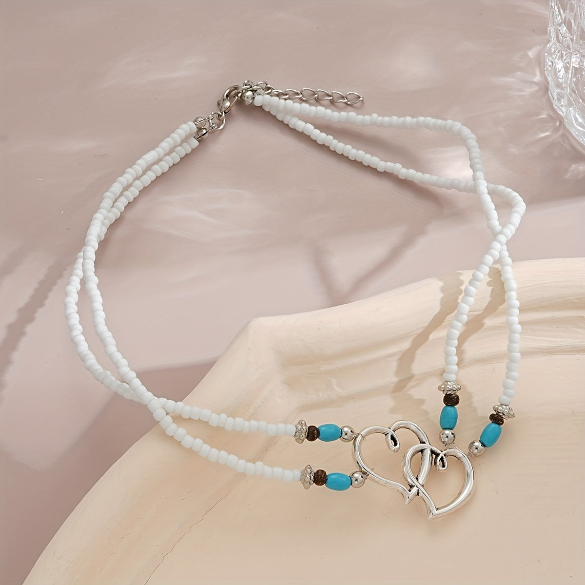 Double Layer Beaded Heart Charm Necklace and Bracelet Set